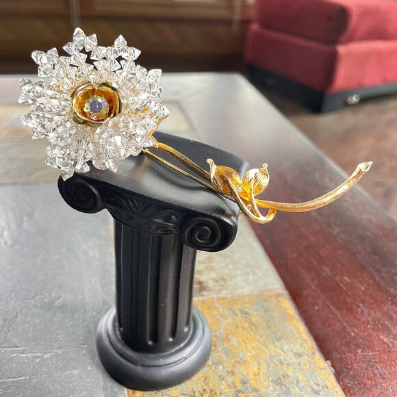 Vintage Coro Signed BIG 4.5" Flower Brooch Gold-tone Beads and Rhinestone - Picture 1 of 10